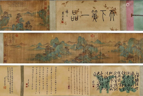 A CHINESE SCROLL PAINTING OF LANDSCAPE AND FIGURES