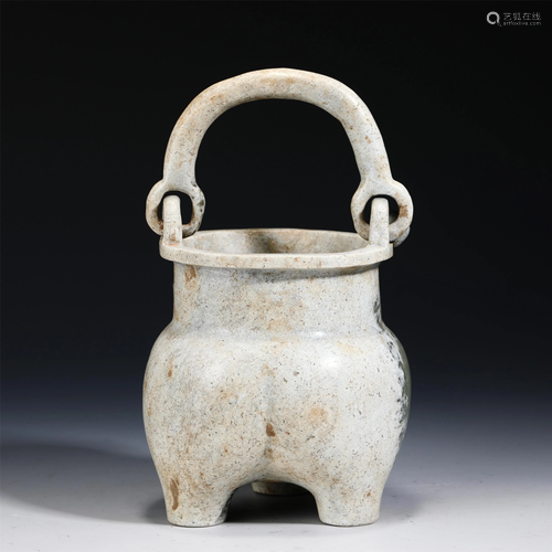 A JADE TRIPOD CENSER WITH LOOP HANDLE