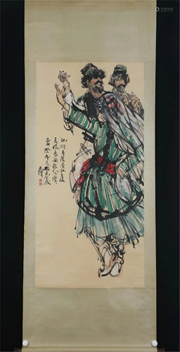 A CHINESE SCROLL PAINTING DEPICTING XINJIANG DANCE