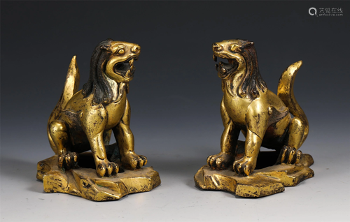 PAIR OF BRONZE GILT MYTHICAL BEAST DECORATIONS