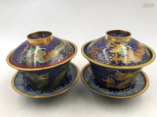 PAIR BLUE GROUND CLOISONNE COVERED BOWLS & SA…