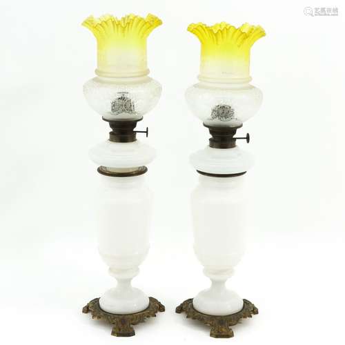 A Pair of 19th Century Opaline Oil Lamps