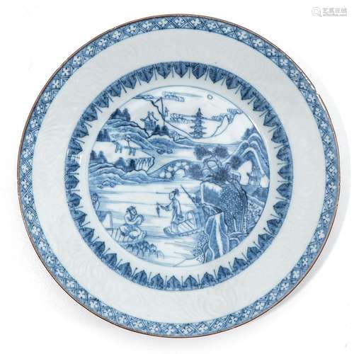 A blue and white plate