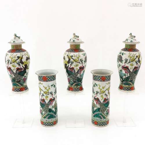 A 5 Piece Famille Verte Garniture Set