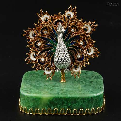 An Unusual 18KG Diamond Peacock Brooch