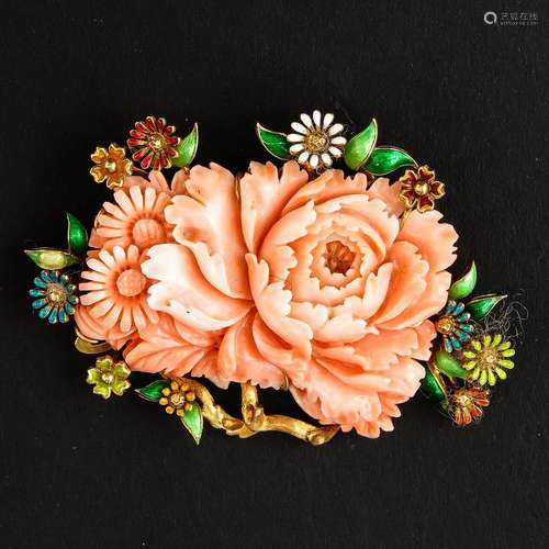 An Coral and Enamel Brooch