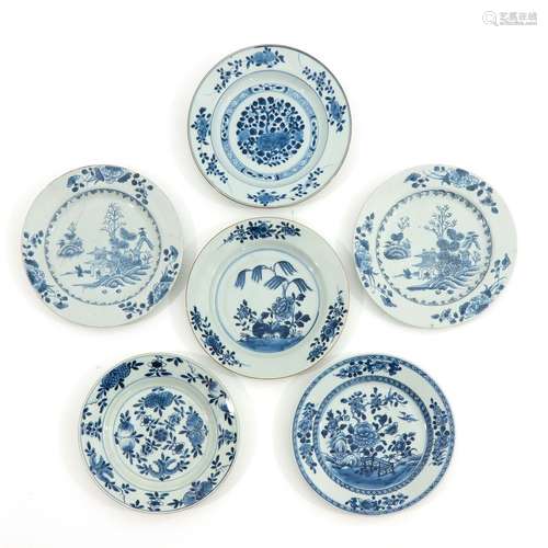 A Collection of 6 Blue and White Plates