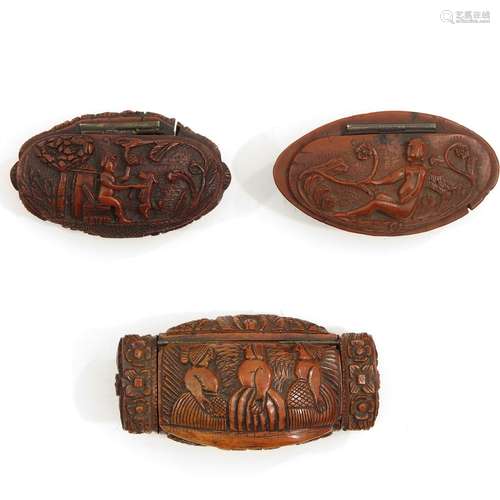 A Lot of 3 Carved Wood Snuff Boxes