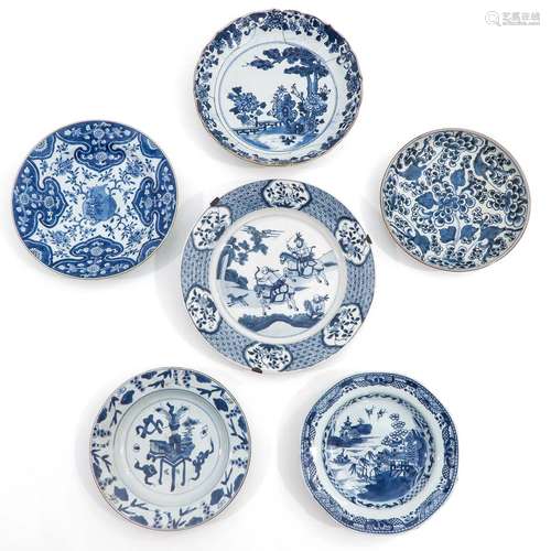 A Collection of 6 Blue and White Plates