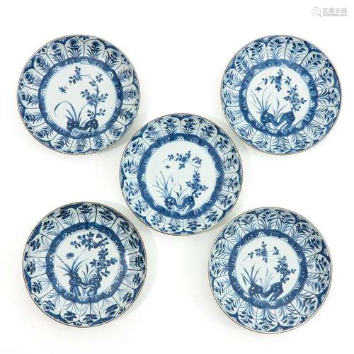 A Series of 5 Blue and White Plates