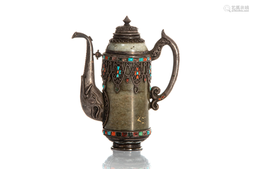 MONGOLIAN NEPHRITE JADE TEAPOT WITH APPLIED STONES