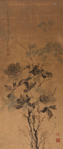 FU ZHOUYUAN,CHINESE GONGBI PEONIES PAINTED ON SILK