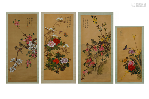 FOUR SCROLLS OF PAINTED FLOWER AND BIRDS