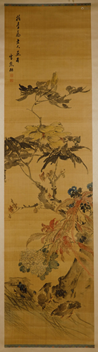 QIAN HONG, BIRD AND FLOWER HANGING SCROLL