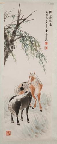 JIN MENGSHI (1869-1952), HORSES AND A WILLOW TREE