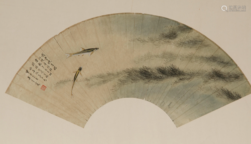 WU QINGXIA (1910-2008),TWO FISH FAN PAINTING