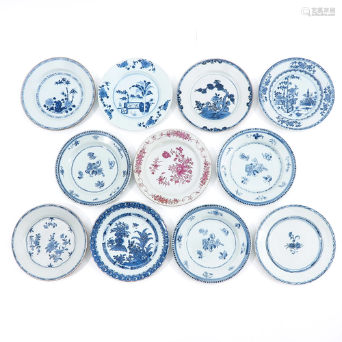 A Collection of 11 Blue and White Plates