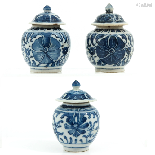 A Set of 3 Small Blue and White Jars