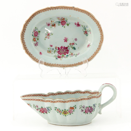 A Famille Rose Gravy Boat and Under Plate