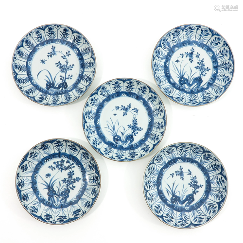 A Series of 5 Blue and White Plates