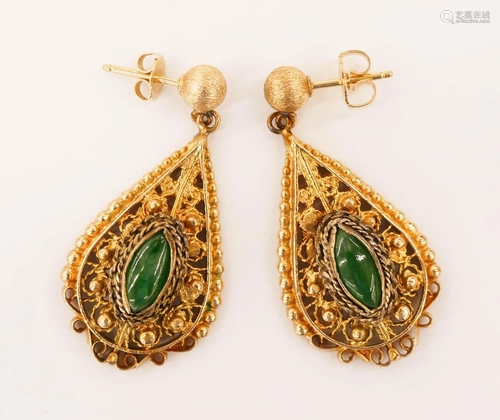 Pair Chinese 14k Jade Tear Drop Earrings