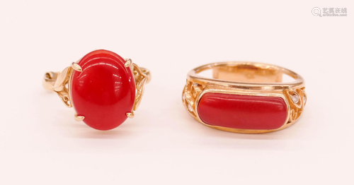 2pc Lady's 18k Red Coral Cabochon Rings