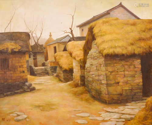 Chinese ''Beijing Hutongs'' 1996 Oil Painting