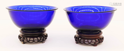 Pair Chinese Cobalt Peking Glass Bowls