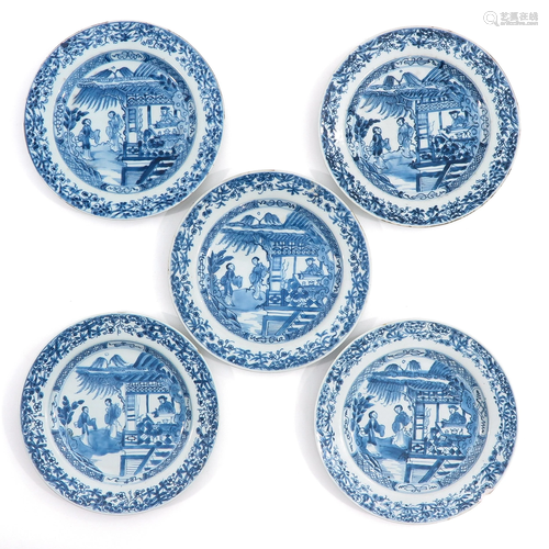 A Series of 5 Blue and White Plates