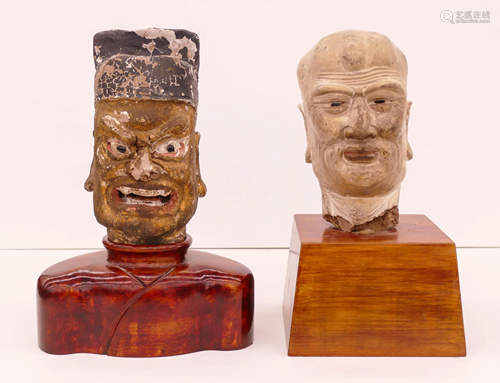 2pc Chinese Ming Stone Heads on Stands