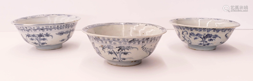 3pc Chinese Ming Blue and White Tree Bowls