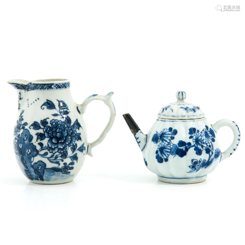 A Blue and White Teapot and Creamer