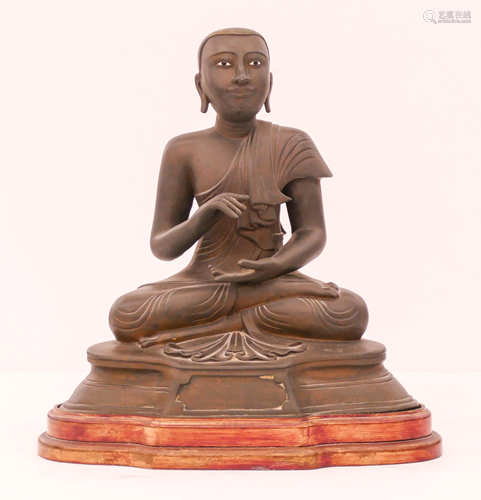 Burmese 19th Cent. Seated Monk Bronze on Stand