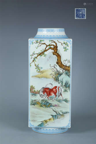 Enamel Eight Horses Square Vase