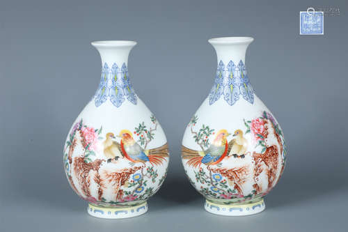 A Pair of Enamel Bird-and-Flower Pear-Shaped Vase