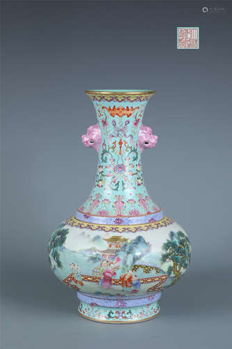 Famille Rose Scrolling Lotus Vase with Beast Handles