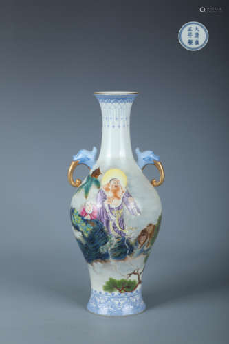 Famille Rose Arhat Handles Vase