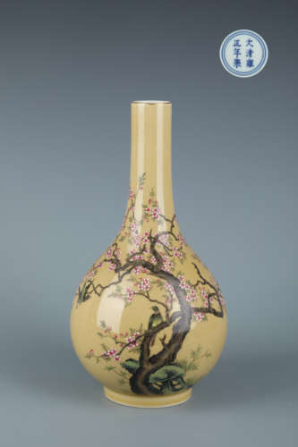 Yellow-Glazed Enamel Bird-and-Flower Globular Vase