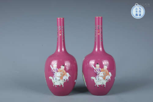 A Pair of Famille Rose Long Neck Vase