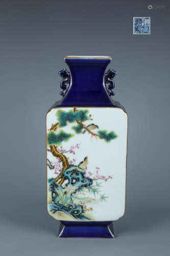 Blue-Glazed Famille Rose Bird-and-Flower Vase