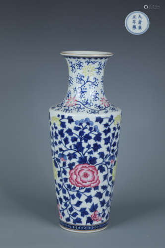 Blue and White Famille Rose Rouleau Vase