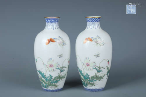 A Pair of Enamel Butterfly Lantern Vase