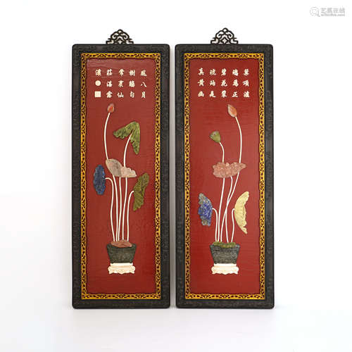 A Pair of Embellished Lacquer Panel with Flower