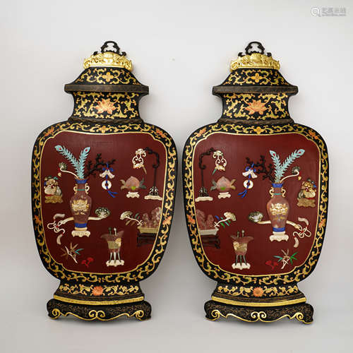 A Pair of Embellished Lacquer Panel with Antiques