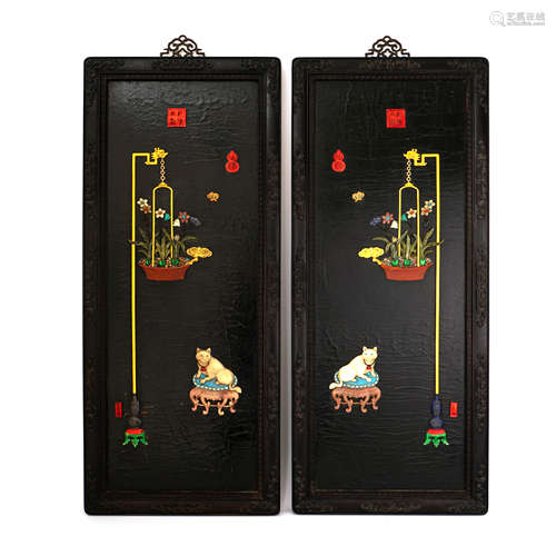 A Pair of Embellished Lacquer Panel with Cat