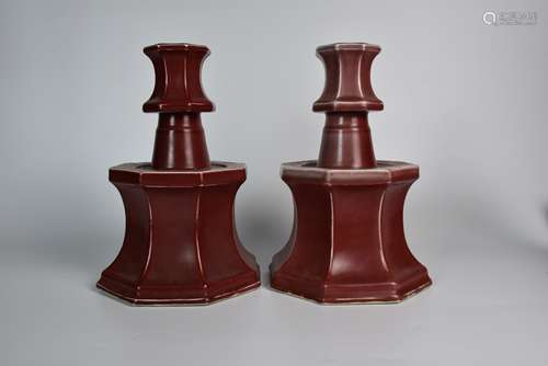 A Pair of Altar-red Glazed Candlesticks