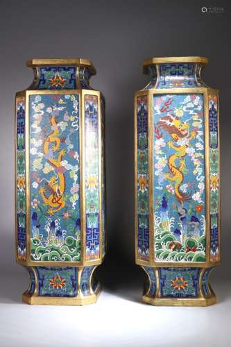 A Pair of Bronze Statue Cloisonne Enamel Dragon Pattern Vase...
