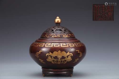 A Gilt Bronze Fu Double Eared Censer