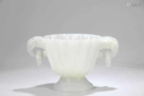 A Carved White Jade Elephant eared Lotus Shaped Stem Cup