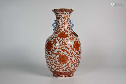 An Iron-red Interlocking Lotus Double Eared Vase